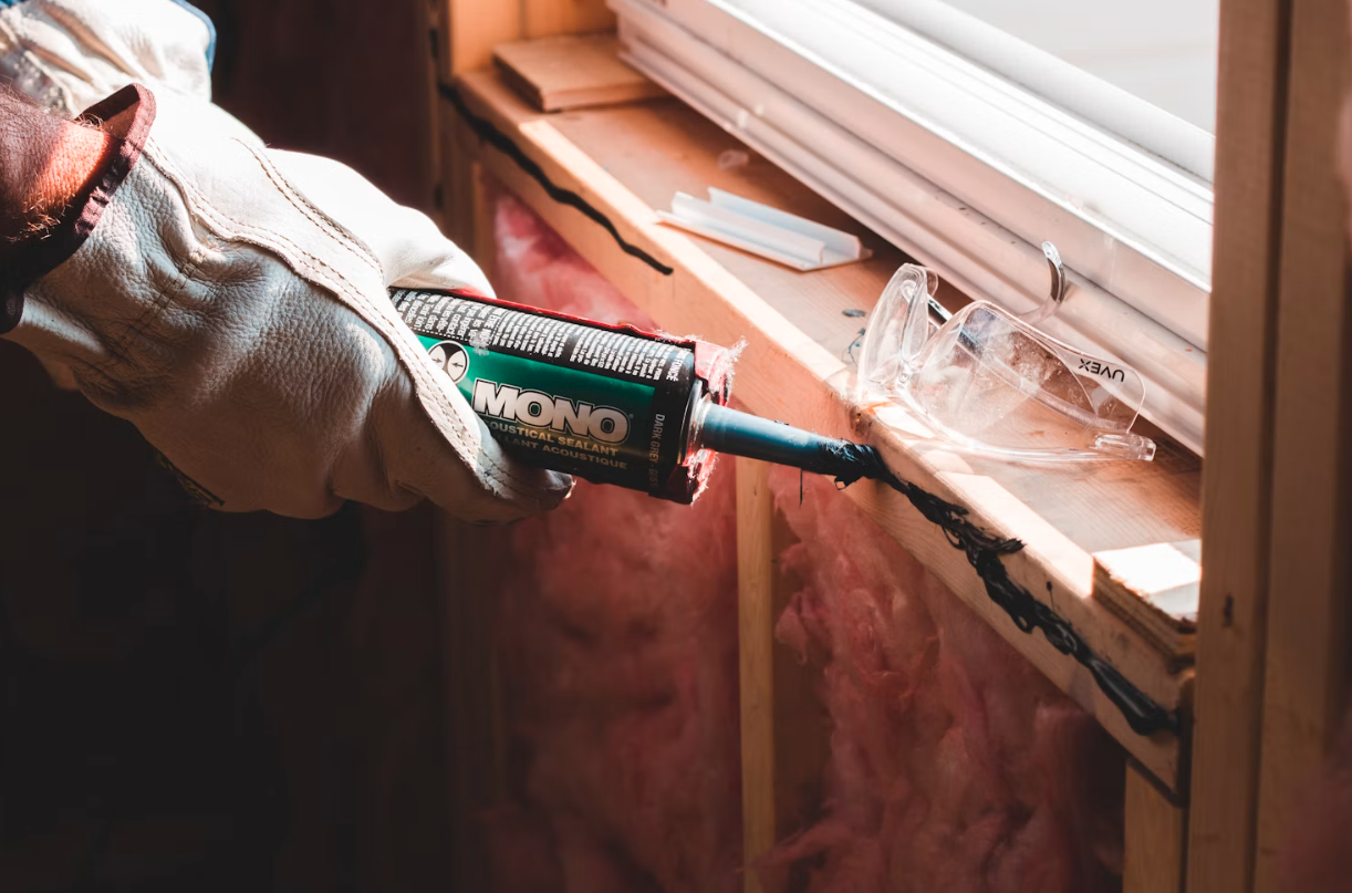 Applying caulk sealant around a window frame